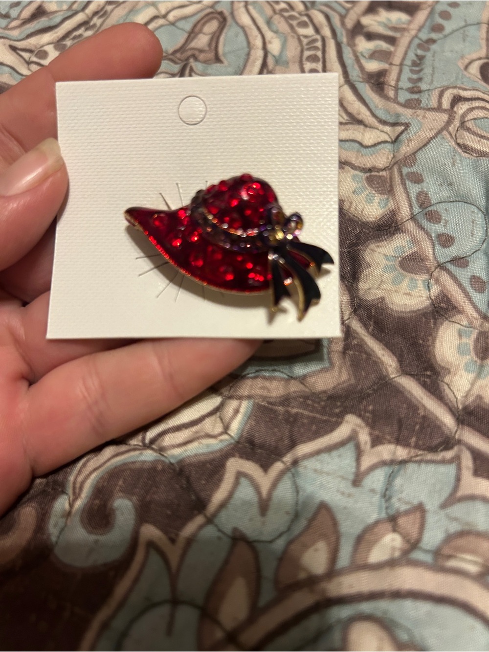 Red Crystal Hat Brooch with Black Ribbon Accent - Fashion Jewelry